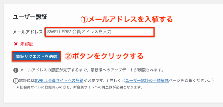 SWELLのユーザー認証リクエストを送信する画面